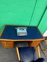1960s Midcentury Desk with blue leather top and matching chair