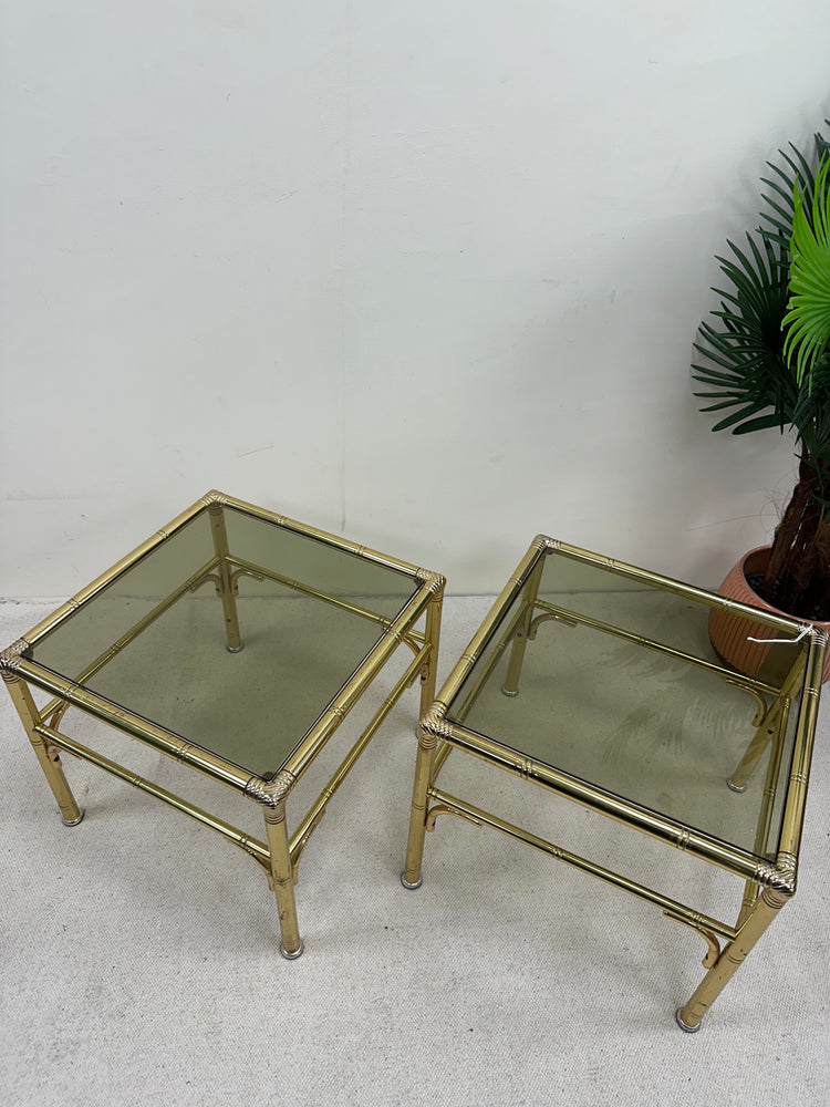 1970s pair of Hollywood Regency style Brass and smoked glass side table