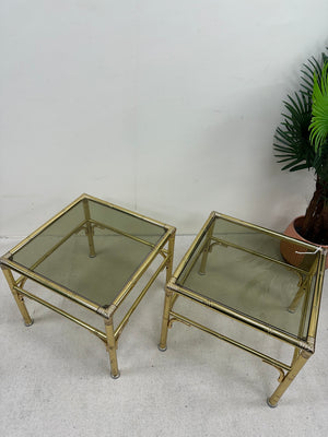 1970s pair of Hollywood Regency style Brass and smoked glass side table