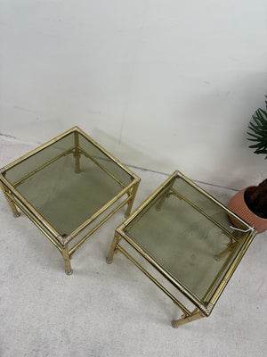 1970s pair of Hollywood Regency style Brass and smoked glass side table