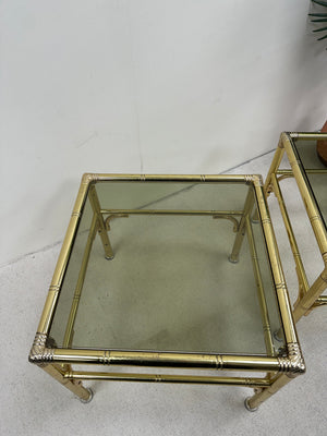 1970s pair of Hollywood Regency style Brass and smoked glass side table