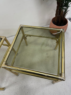 1970s pair of Hollywood Regency style Brass and smoked glass side table