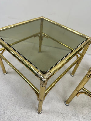 1970s pair of Hollywood Regency style Brass and smoked glass side table