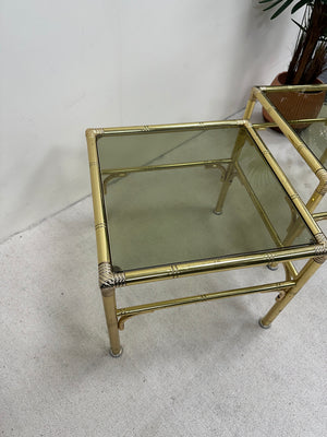 1970s pair of Hollywood Regency style Brass and smoked glass side table