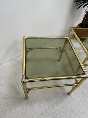 1970s pair of Hollywood Regency style Brass and smoked glass side table